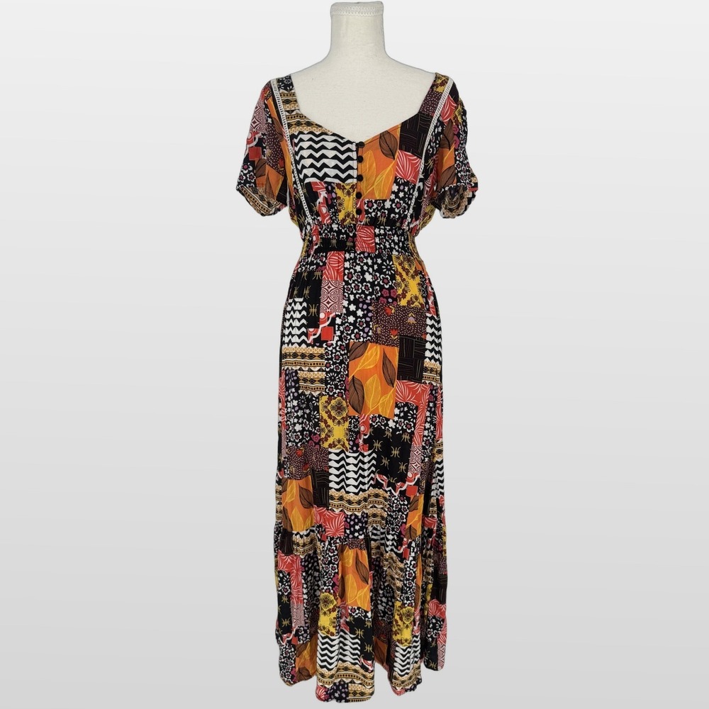 Catch Stitch Patchwork Maxi Dress S Rayon Boho Cottagecore Peasant Hippie Indie
